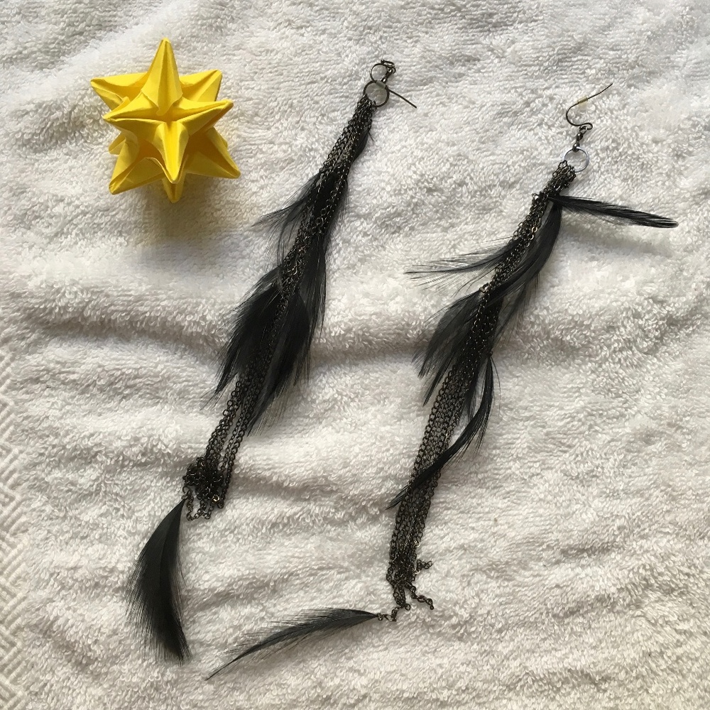 Boho Chic Black Feather and Chain Twin Earrings